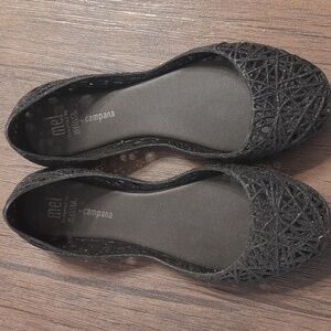 Melissa Mel Campana Black Jelly Flats Size 3 Girls Glitter Shoes
